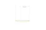 Biała lampa wisząca Halo D100 LED w kształcie okręgu, zawieszona na dwóch cienkich linkach. Lampa ma prosty, nowoczesny design oraz emitujące światło LED w naturalnym odcieniu. Montaż na suficie, z minimalistycznym okapem.