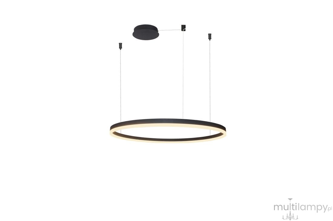 Czarna lampa wisząca Halo D100 LED o okrągłym kształcie, zawieszona na dwóch cienkich linkach. Górna część z metalowym mocowaniem, dolna część z delikatnym podświetleniem w kolorze ciepłej bieli.