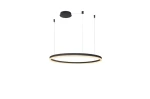 Czarna lampa wisząca Halo D100 LED o okrągłym kształcie, zawieszona na dwóch cienkich linkach. Górna część z metalowym mocowaniem, dolna część z delikatnym podświetleniem w kolorze ciepłej bieli.