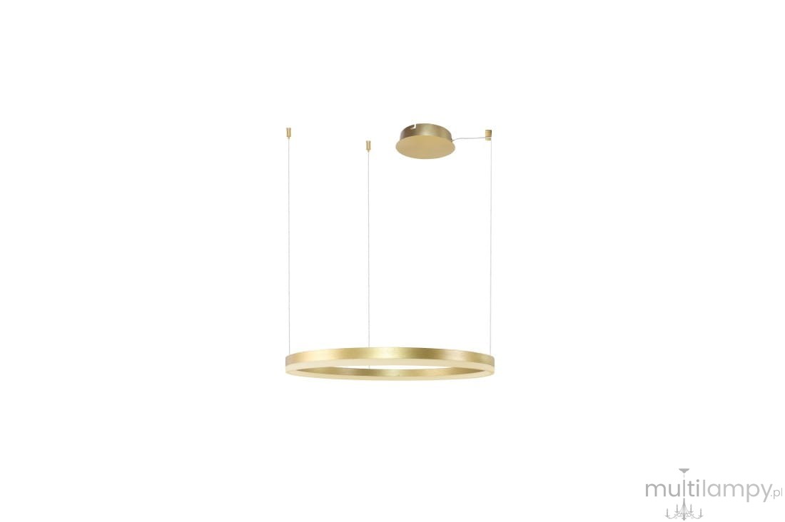 Lampa wisząca Halo D100 LED w kolorze złotym, o okrągłym kształcie. Zawieszona na cienkich linkach, z okrągłym elementem mocującym. Prosty, minimalistyczny design, idealna do nowoczesnych wnętrz.