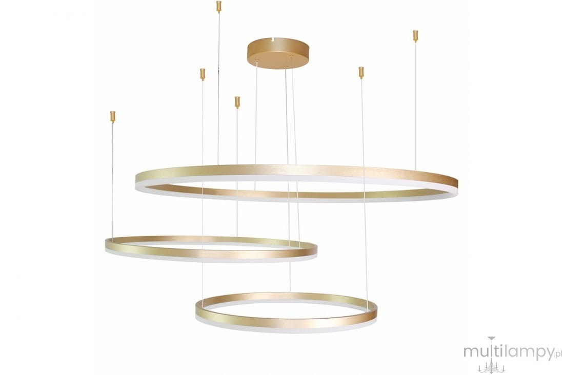 Złota lampa wisząca 3-punktowa Halo 100+80+60 LED z trzema okrągłymi elementami o różnych średnicach. Lampa zawieszona na cienkich żyłkach, z matowym wykończeniem i białą wewnętrzną krawędzią. Montaż sufitowy, nowoczesny design.
