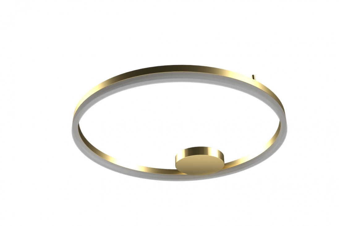 Złota lampa sufitowa Halo D120 LED z pilotem, o okrągłym kształcie i cienkim, eleganckim ramieniu. Widoczny centralny element montażowy. Produkt wisi w powietrzu na jasnym tle, podkreślając nowoczesny design.