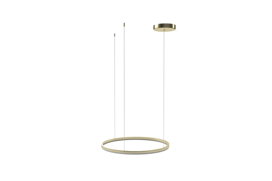Złota lampa wisząca Halo D120 LED z pilotem, o okrągłym kształcie, zawieszona na cienkich linkach. Widoczna podstawa montażowa na suficie. Prosty, nowoczesny design, idealna do nowoczesnych wnętrz.