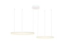 Biała lampa wisząca Halo 80+60 LED z pilotem, składająca się z dwóch okrągłych elementów. Zawieszona na cienkich linkach, prezentuje nowoczesny design. Widoczny sufitowy uchwyt w białym kolorze, z równomiernym oświetleniem LED.
