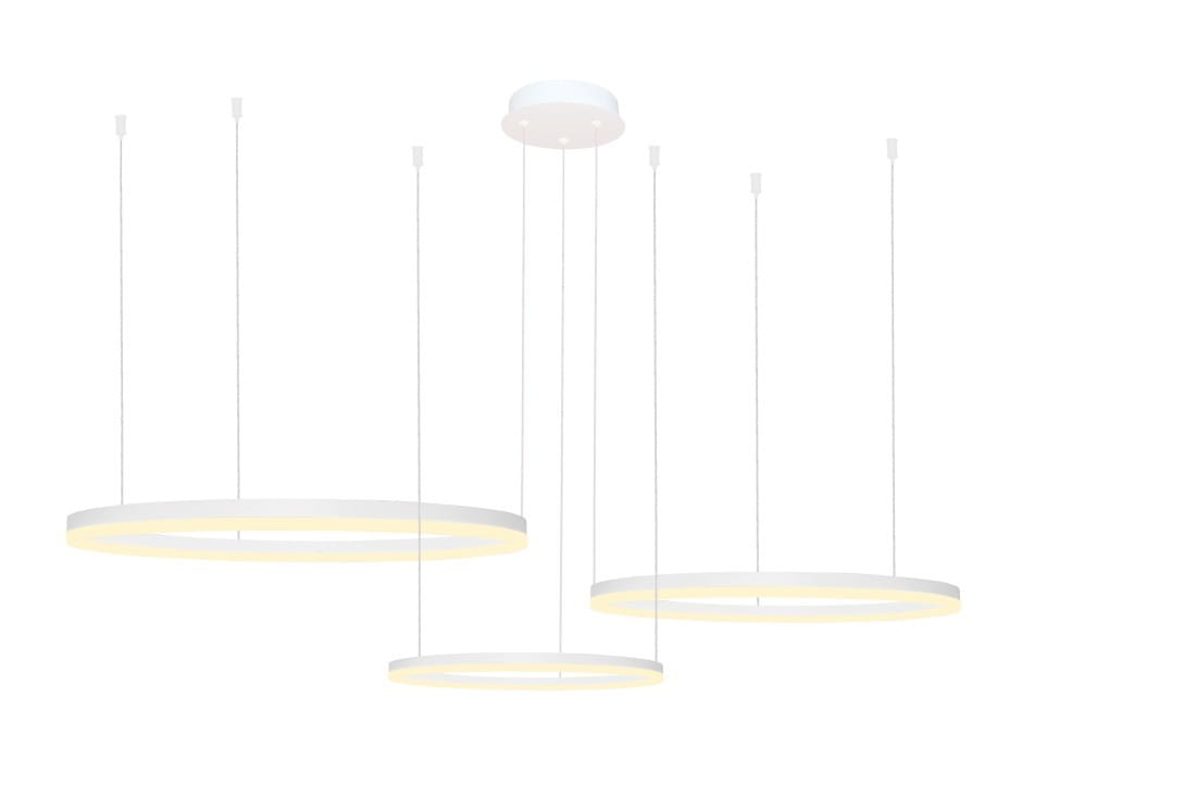 Lampa wisząca LED Halo 100+80+60 w kolorze białym z trzema okrągłymi źródłami światła. Produkt zawieszony na cienkich linkach, z sufitem w białym kolorze. Całość zaprojektowana w minimalistycznym stylu, z możliwością zdalnego sterowania pilotem.