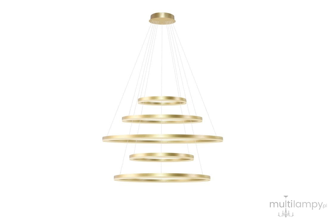 Złota lampa wisząca Halo 150+120+100+80+60 LED z pilotem, składająca się z pięciu okrągłych, poziomych pierścieni o różnych średnicach, zawieszona na cienkich żyłkach. Produkt ma nowoczesny design i jest umieszczony na białym tle.