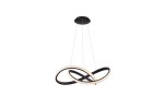 Czarna lampa wisząca Infinity D80 LED z pilotem, w kształcie dwóch splątanych pierścieni. Główna konstrukcja jest matowa, z wbudowanym źródłem światła w kolorze ciepłej bieli. Zawieszona na cienkich linkach, z okrągłym mocowaniem sufitowym.