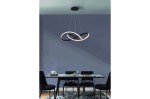 Czarna lampa wisząca Infinity D80 LED z pilotem, zawieszona nad stołem. Składa się z dwóch splątanych pierścieni, jeden błyszczący, drugi matowy. Tło w stonowanej szarości, na stole widoczne filiżanki i talerze.