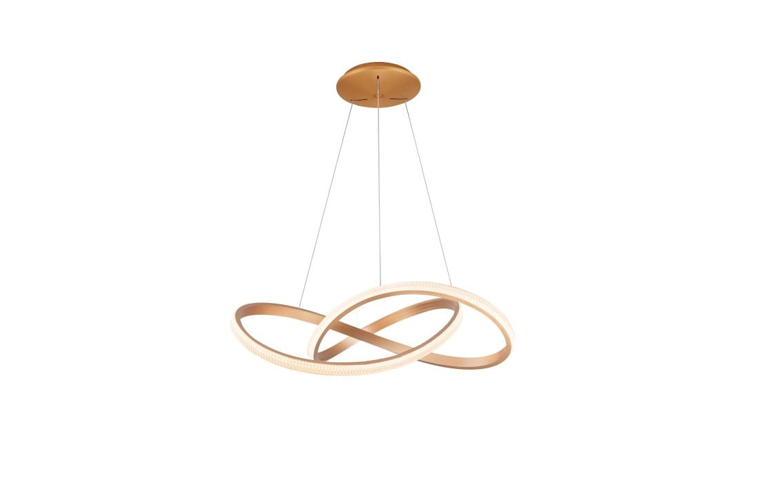 Lampa wisząca Infinity D80 LED w kolorze złotym, składająca się z trzech połączonych okręgów. Ujęcie frontalne pokazuje subtelne, podświetlane krawędzie. Zawieszona na cienkich linkach z okrągłym mocowaniem sufitowym.