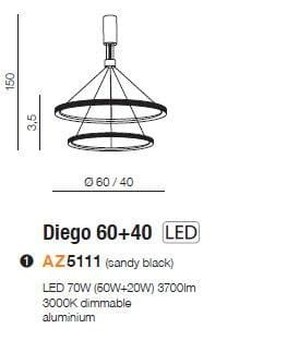 Czarna lampa wisząca Diego 60+40 LED, 2-punktowa, o średnicy 60 cm i 40 cm, wykonana z aluminium. Wysokość 150 cm, moc 70W, 3700lm, 3000K, dimmable. Prosty, nowoczesny design.