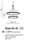Czarna lampa wisząca Diego 60+40 LED, 2-punktowa, o średnicy 60 cm i 40 cm, wykonana z aluminium. Wysokość 150 cm, moc 70W, 3700lm, 3000K, dimmable. Prosty, nowoczesny design.