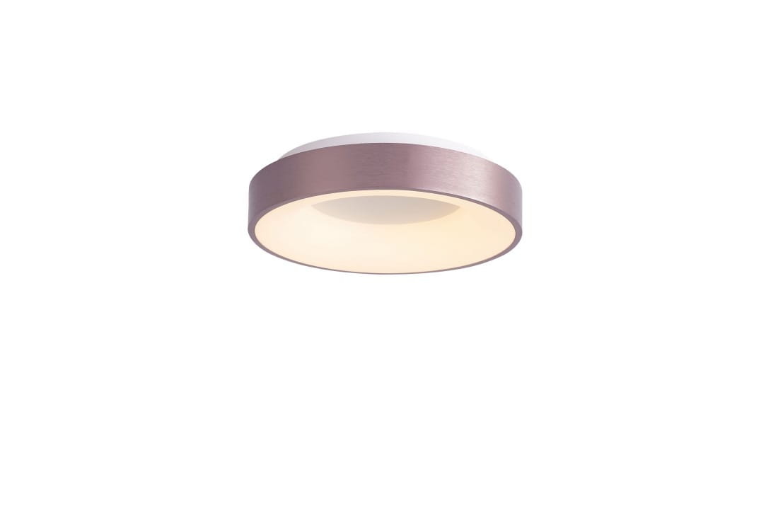 Plafon LED Santana D38 w kolorze brązowym z białym kloszem, o okrągłym kształcie. Ujęcie frontalne, produkt zamontowany na suficie. Emituje ciepłe światło o temperaturze 3000K, idealny do nowoczesnych wnętrz.