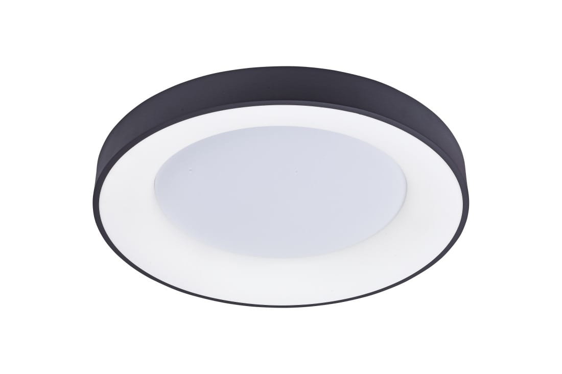 Czarny plafon LED Santana D38 o okrągłym kształcie, z białą oprawą, emituje ciepłe światło 3000K. Widok z góry, produkt zamontowany na suficie, z gładką powierzchnią oraz prostym designem, idealny do nowoczesnych wnętrz.