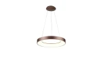 Brązowa lampa wisząca Santana D38 z jednopunktowym źródłem światła, o okrągłym kształcie. Wykonana z metalu, zawieszona na cienkich linkach. Emituje ciepłe światło (3000K) przez białą, półprzezroczystą osłonę. Ujęcie z przodu, na jednolitym tle.
