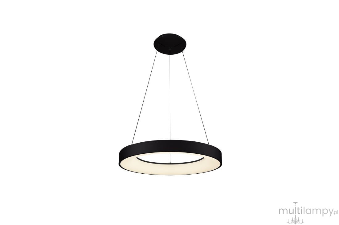 Czarna lampa wisząca Santana D80 z pilotem, o okrągłym kształcie, zawieszona na cienkich linkach. Posiada matową obudowę z LED-owym źródłem światła w kolorze białym, emitującym ciepłe lub zimne światło (3000-6500K).