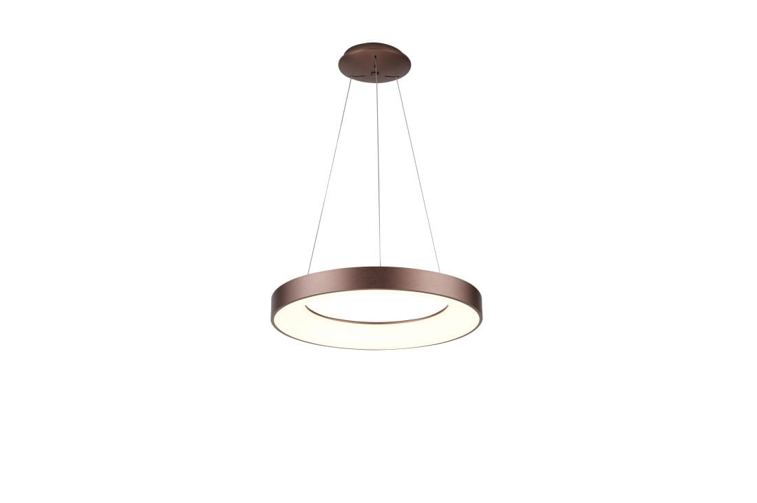 Brązowa lampa wisząca Santana D80 z regulacją temperatury barwowej 3000-6500K, 1-punktowa, zawieszona na cienkich linkach. Okrągły kształt z białym kloszem, nowoczesny design, idealna do oświetlenia wnętrz.