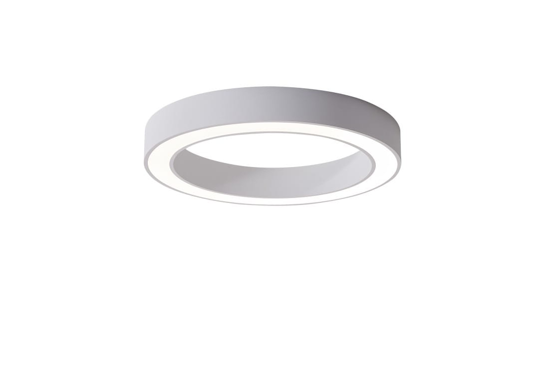 Biały plafon LED Marco D80 o regulowanej temperaturze barwowej 3000-6500K, o okrągłym kształcie. Produkt zamontowany na suficie, z widocznym pierścieniem świetlnym wzdłuż krawędzi. Zdalne sterowanie pilotem.