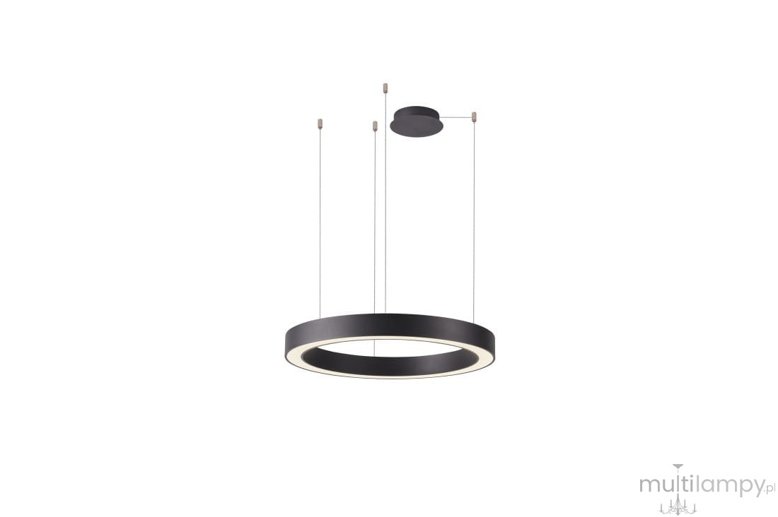 Czarna lampa wisząca Marco D80 z regulacją temperatury barwowej 3000-6500K, okrągła, z pilotem. Zawieszona na cienkich linkach, minimalistyczny design, zewnętrzna krawędź podświetlona. Idealna do nowoczesnych wnętrz.