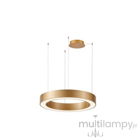 Złota lampa wisząca Marco D80 z regulacją temperatury barwowej 3000-6500K, zawieszona na cienkich linkach. Okrągły kształt z wbudowanym źródłem LED, z pilotem do sterowania. Elementy montażowe w komplecie.
