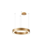 Złota lampa wisząca Marco D80 z regulacją temperatury barwowej 3000-6500K, zawieszona na cienkich linkach. Okrągły kształt z wbudowanym źródłem LED, z pilotem do sterowania. Elementy montażowe w komplecie.