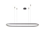 Lampa wisząca Elena D120 w kolorze czarnym, o owalnym kształcie, zawieszona na cienkich linkach. Posiada zintegrowane oświetlenie LED, z metalowym mocowaniem sufitowym. Produkt prezentowany jest na białym tle.