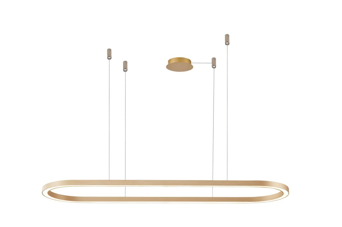 Lampa wisząca Elena D120 w złotym kolorze, o podłużnym kształcie, zawieszona na cienkich linkach. Posiada minimalistyczny design z delikatnym podświetleniem wokół krawędzi. Montaż sufitowy z okrągłą podstawą. Tło białe, co podkreśla elegancję lampy.