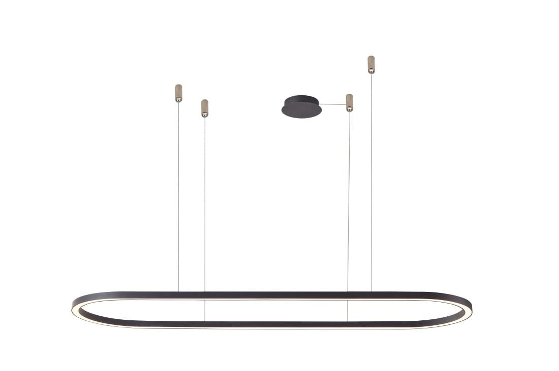 Czarna lampa wisząca Elena D150 LED z wykończeniem w kształcie owalnym. Posiada cienką, metalową ramę oraz zamontowane dwa przewody. Wbudowane diody LED z delikatnym podświetleniem. Lampa zawieszona na gładkim, okrągłym elemencie sufitowym.