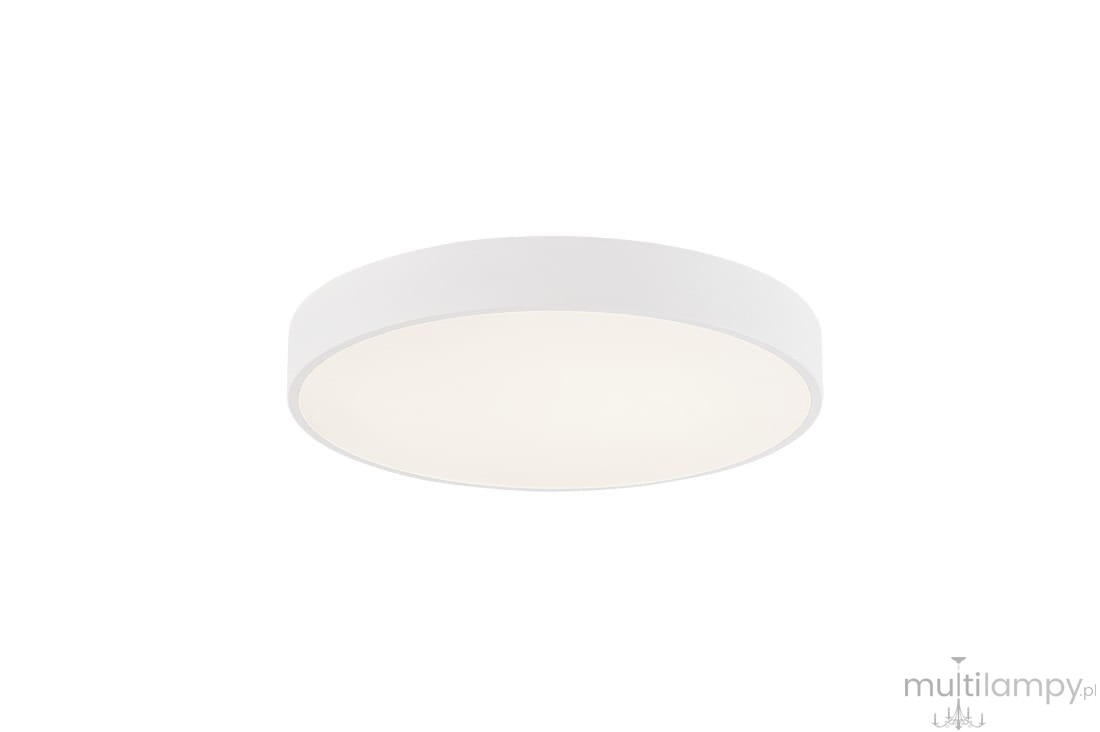 Plafon LED Marcello D60 w białej obudowie, okrągły, z możliwością regulacji temperatury barwowej 3000-6500K. Ujęcie frontalne, produkt zamontowany na suficie, gładka faktura, matowe wykończenie.