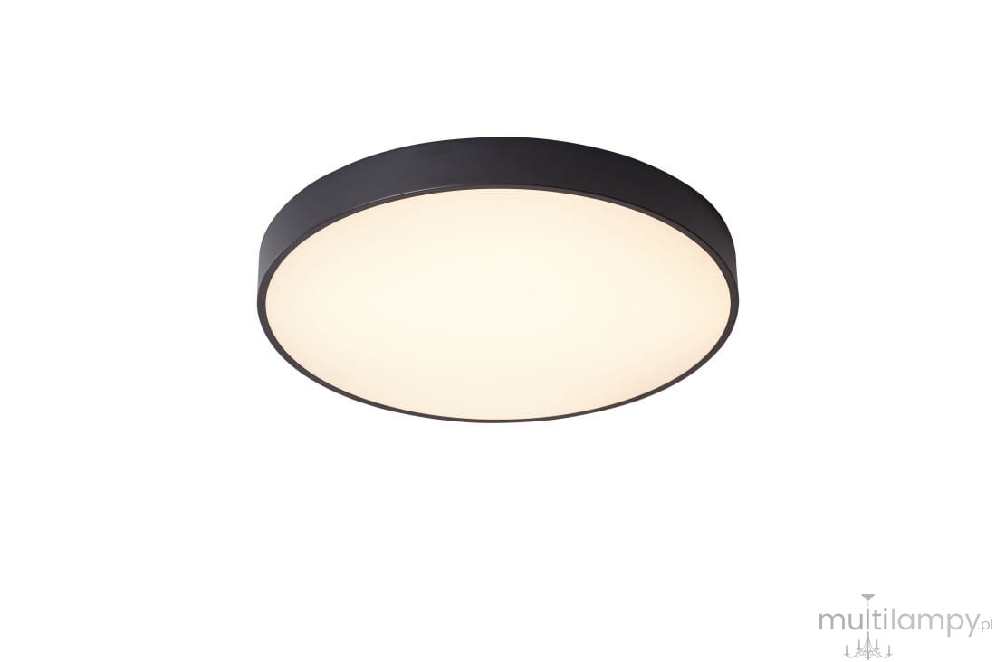 Czarny plafon LED Marcello D60 z regulacją temperatury barwowej 3000-6500K. Okrągły, płaski kształt z białą, matową osłoną. Produkt montowany sufitowo, widoczny z góry, w minimalistycznym stylu.