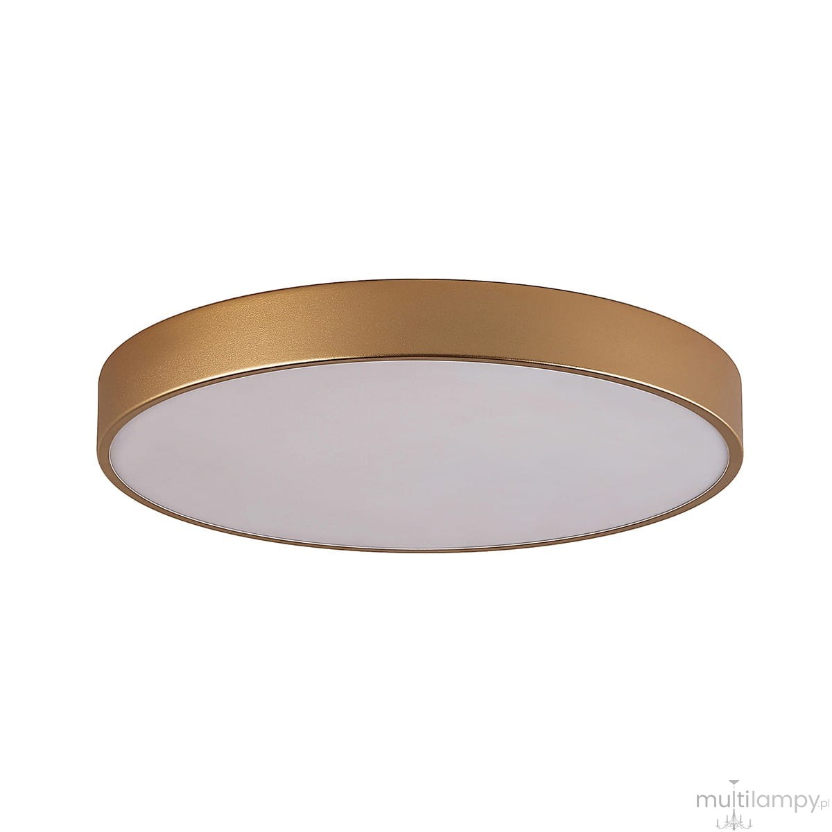 Plafon LED Marcello D60 w kolorze złotym, okrągły, z regulacją temperatury barwowej 3000-6500K. Ujęcie frontalne, produkt wiszący, z matowym białym kloszem. Idealny do nowoczesnych wnętrz.