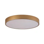 Plafon LED Marcello D60 w kolorze złotym, okrągły, z regulacją temperatury barwowej 3000-6500K. Ujęcie frontalne, produkt wiszący, z matowym białym kloszem. Idealny do nowoczesnych wnętrz.