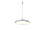 Biała lampa wisząca Marcello D40, okrągła, z pilotem, zawieszona na cienkim przewodzie. Oświetlenie LED w temperaturze barwowej 3000-6500K, z gładką, matową powierzchnią. Metalowa konstrukcja z delikatnym czarnym wykończeniem przy krawędzi.