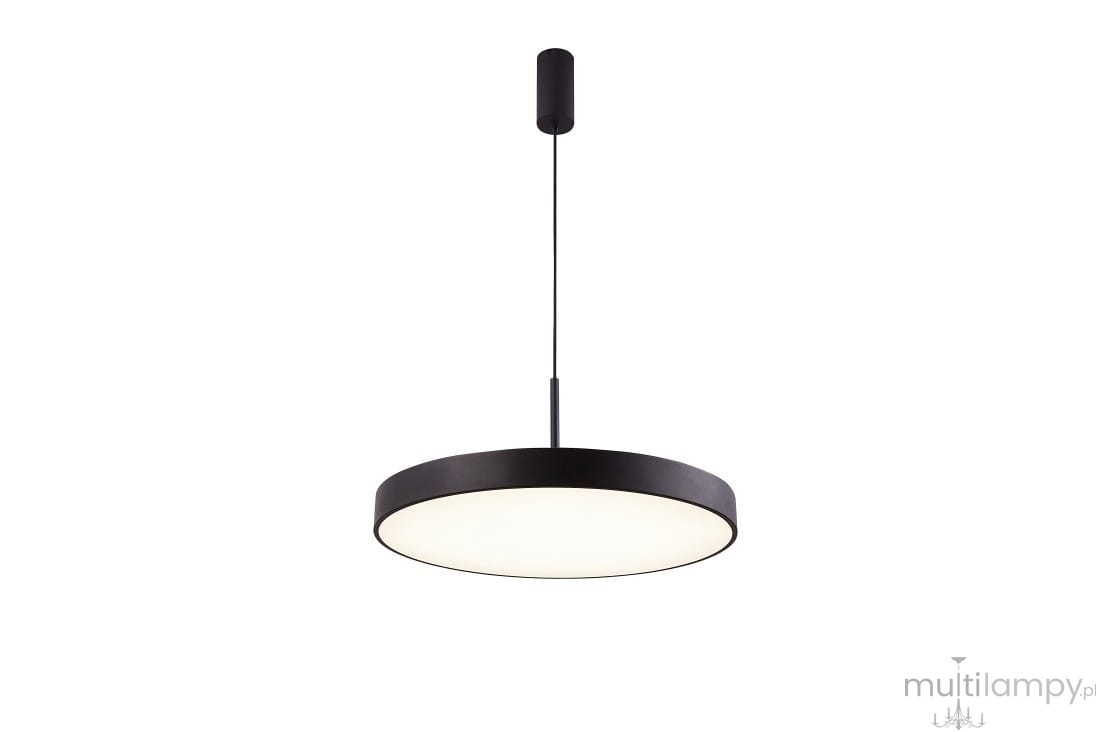 Czarna lampa wisząca Marcello D40 z regulacją temperatury barwowej 3000-6500K, zawieszona na cienkim kablu. Okrągła, matowa oprawa z białym kloszem, z pilotem do zdalnego sterowania. Ujęcie frontalne, na jednolitym tle.