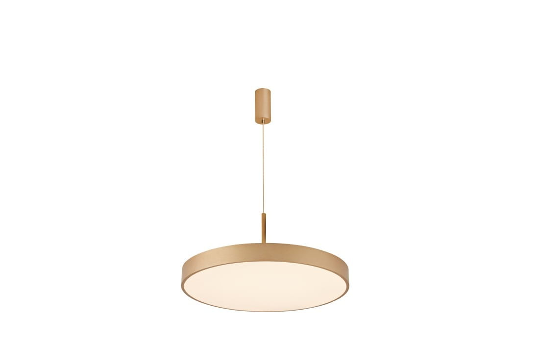 Lampa wisząca Marcello D40 w kolorze złotym, z okrągłym kloszem i pilotem. Zawieszona na cienkim przewodzie, o średnicy 40 cm, emituje światło o regulowanej temperaturze barwowej 3000-6500K. Prosty, elegancki design.