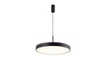 Czarna lampa wisząca Marcello D60 z regulacją temperatury barwowej 3000-6500K. Okrągła, płaska forma z białym kloszem, zawieszona na cienkim przewodzie. Zdalne sterowanie pilotem. Prosta, nowoczesna konstrukcja, idealna do różnych wnętrz.