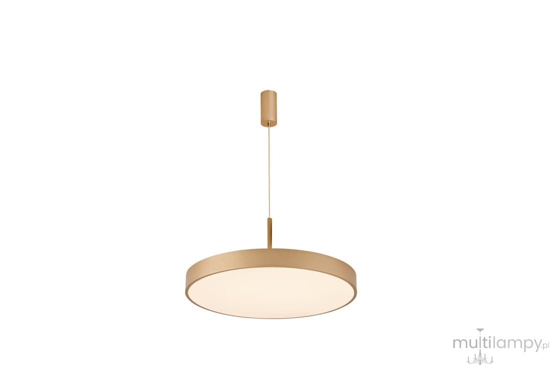 Złota lampa wisząca Marcello D60 z regulacją temperatury barwowej 3000-6500K, zawieszona na cienkim przewodzie. Okrągła, matowa obudowa z białym kloszem, montowana sufitowo. Dołączony pilot do zdalnego sterowania.