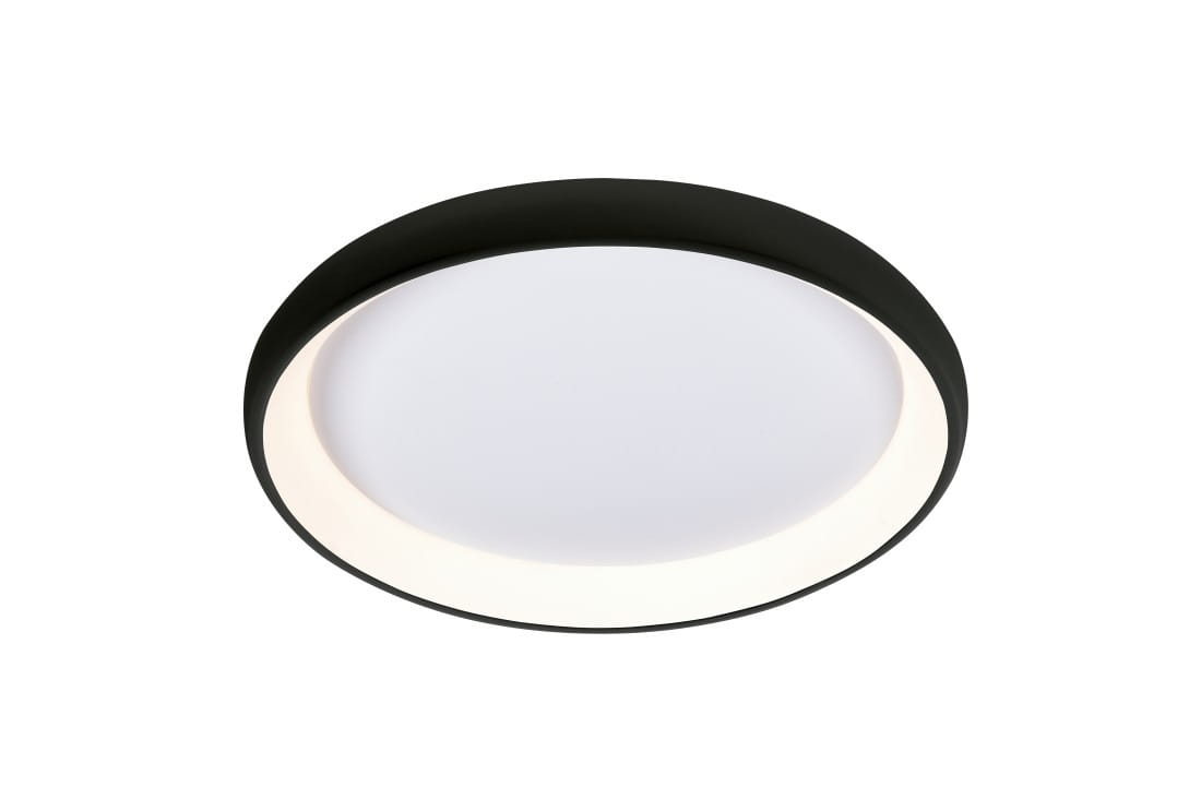 Czarny plafon LED Antonio D61 o średnicy 30 cm, z możliwością regulacji temperatury barwowej 3000-6500K, z białym, matowym kloszem. Produkt umieszczony w pozycji frontalnej, z widocznym pilotem do zdalnego sterowania.