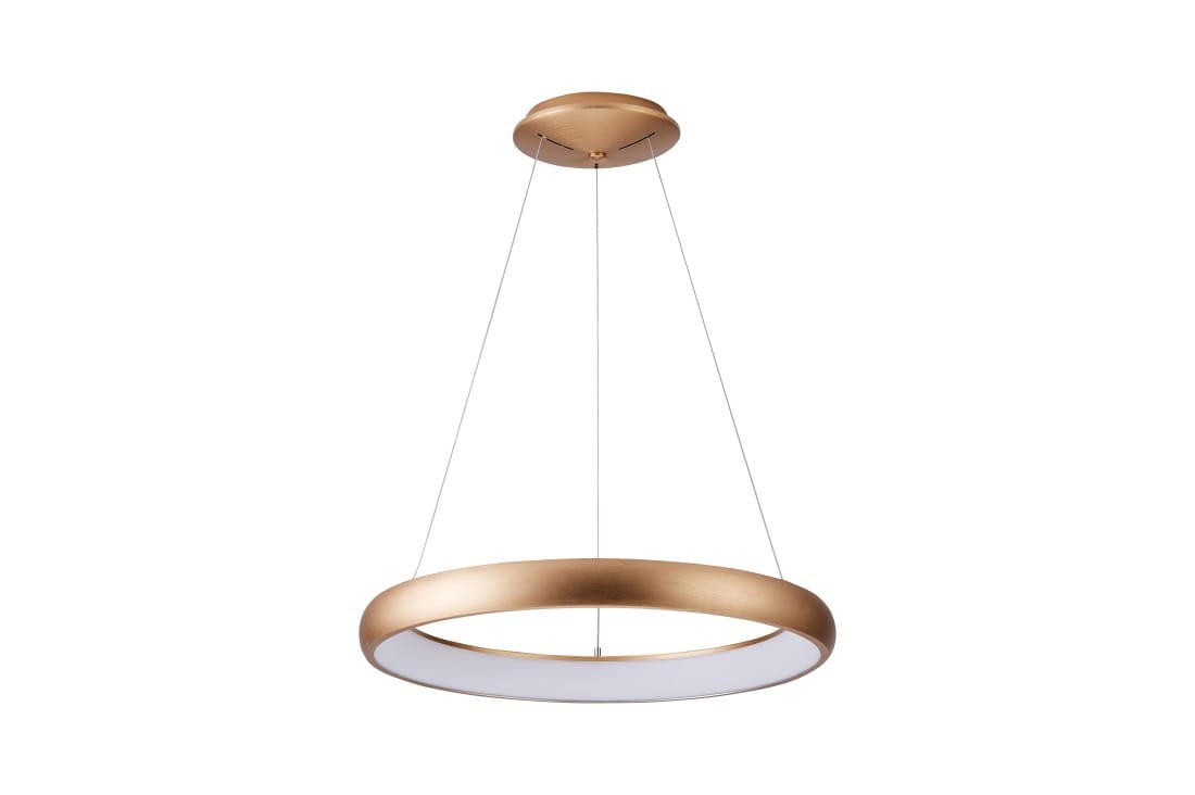 Złota lampa wisząca Antonio D81 z regulacją temperatury barwowej 3000-6500K, zawieszona na cienkich linkach. Okrągły kształt z matowym wykończeniem i białą oprawą świetlną. Idealna do nowoczesnych wnętrz.
