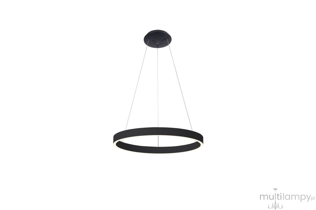 Czarna lampa wisząca Andrea D100 LED w kształcie pierścienia, zawieszona na cienkich linkach. Górna część okrągła, z białym diodowym oświetleniem wewnątrz. Prosty, nowoczesny design, idealna do aranżacji wnętrz.