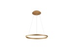 Złota lampa wisząca Andrea D60 z okrągłym, płaskim kloszem, zawieszona na cienkich linkach. Kształt minimalistyczny, nowoczesny. Wisi w centralnej pozycji, na jasnym tle, co podkreśla jej elegancki design.
