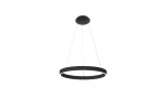 Czarna lampa wisząca Andrea D120 z okrągłym, minimalistycznym designem. Produkt wisi na cienkich żyłkach z sufitu, posiada zewnętrzny czarny pierścień i wewnętrzną LED-ową iluminację. Ujęcie frontalne.