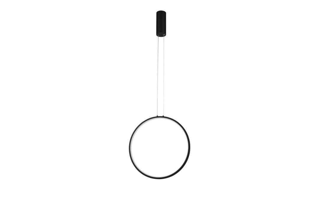 Czarna lampa wisząca Massima D40 LED, jednolita, w kształcie dużego okręgu, zawieszona na cienkim, przezroczystym przewodzie. U góry znajduje się cylindryczny uchwyt. Lampa ma minimalistyczny design, idealna do nowoczesnych wnętrz.