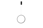 Czarna lampa wisząca Massima D40 LED, jednolita, w kształcie dużego okręgu, zawieszona na cienkim, przezroczystym przewodzie. U góry znajduje się cylindryczny uchwyt. Lampa ma minimalistyczny design, idealna do nowoczesnych wnętrz.