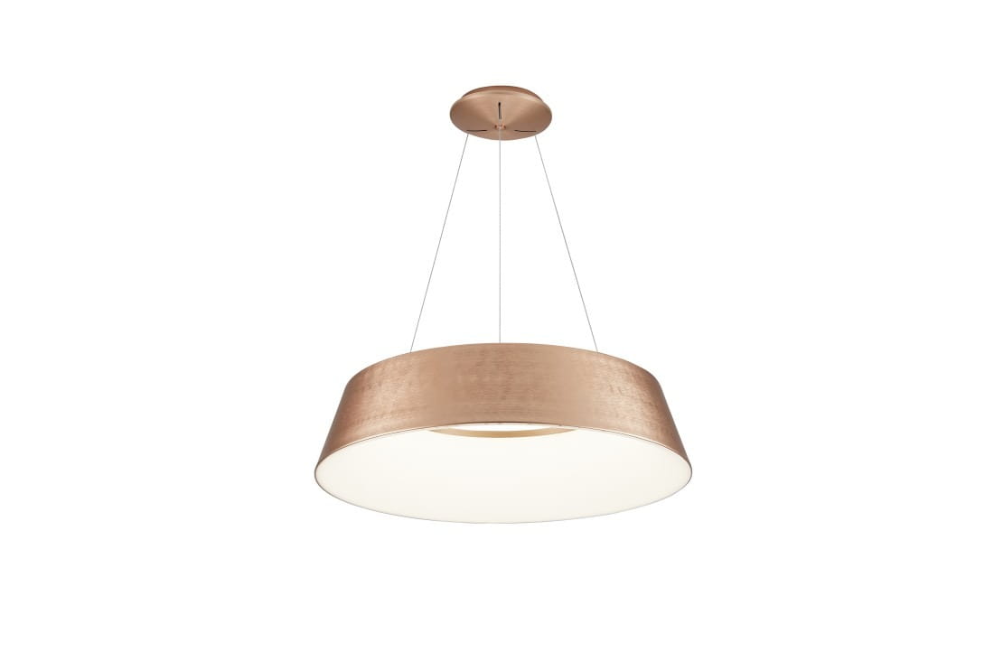 Złota lampa wisząca Emma 3000-6500K z pilotem, o okrągłym kształcie, zawieszona na cienkich linkach. Posiada matowe, złote wykończenie oraz białą, okrągłą część emitującą światło. Ujęcie z boku, pokazujące całą konstrukcję.