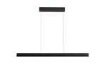 Czarna lampa wisząca Olivier LED 2-punktowa, w kształcie prostokątnej belki, zawieszona na cienkich linkach. Posiada minimalistyczny design, z płaskim, matowym wykończeniem. Ujęcie frontalne, na białym tle.