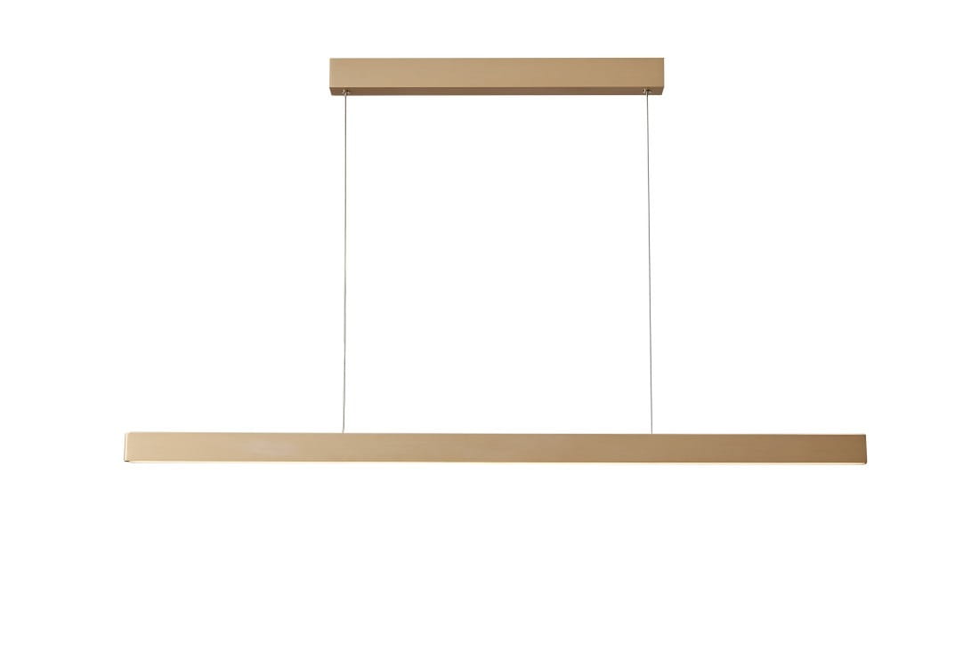 Złota lampa wisząca Olivier LED 2-punktowa, w kształcie prostokątnej belki, zawieszona na cienkich linkach. Prosty, nowoczesny design, idealna do oświetlenia wnętrz. Tło białe, co podkreśla elegancję lampy.