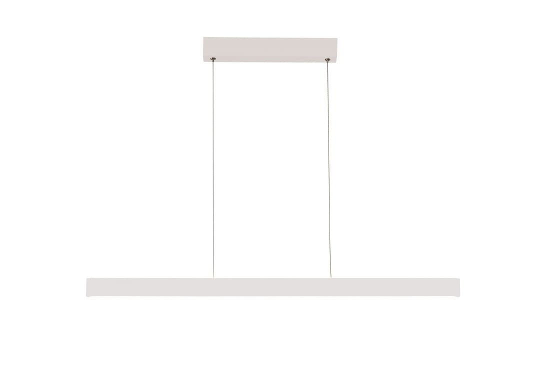 Biała lampa wisząca LED Olivier, 2-punktowa, o prostokątnym kształcie. Zawieszona na dwóch cienkich linkach, montowana na suficie. Prosta, minimalistyczna konstrukcja, idealna do nowoczesnych wnętrz.