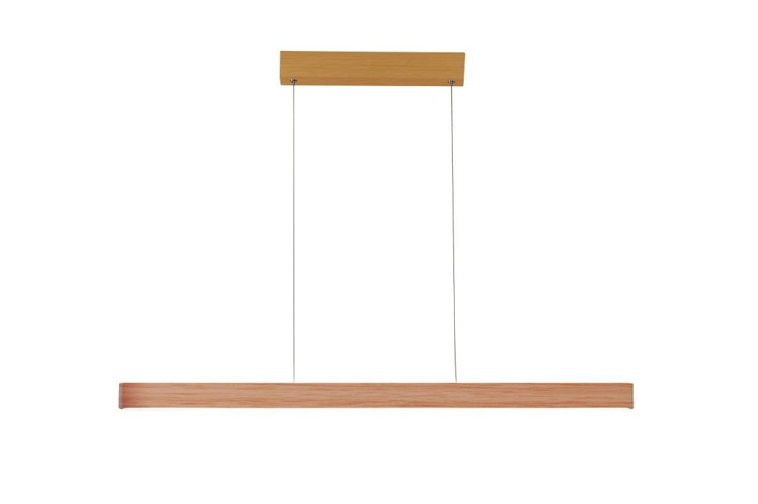 Lampa wisząca Olivier LED 2-punktowa, wykonana z drewna. Posiada prostokątny klosz w jasnym odcieniu drewna, zawieszony na cienkich linkach. Montaż sufitowy z drewnianą podstawą, elegancka i minimalistyczna forma, idealna do nowoczesnych wnętrz.