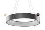 Szara lampa wisząca Solvent R D110 LED CCT Smart z pilotem, okrągła, zawieszona na cienkich linkach. Posiada elementy do zdalnego sterowania oraz logo AZ SMART. Białe, matowe wykończenie w centralnej części.