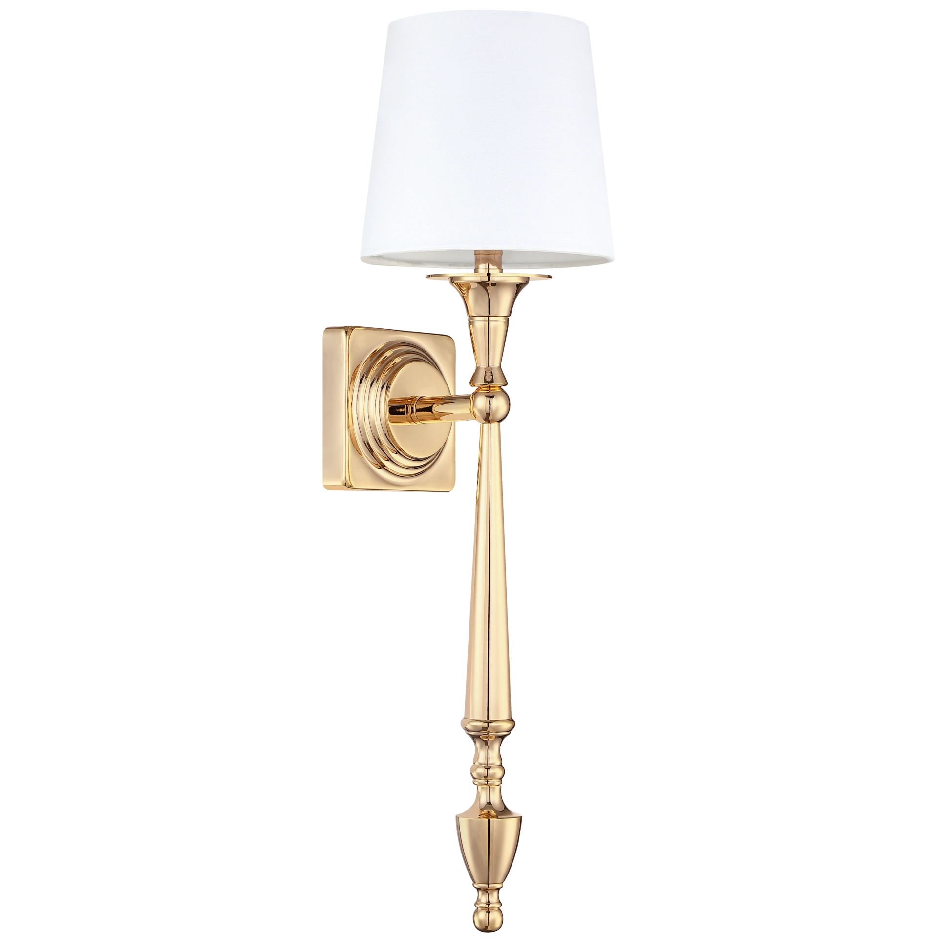 Kinkiet Austin 1-punktowy w kolorze złotym z białym kloszem. Produkt ma smukłą, elegancką formę z dekoracyjnymi detalami, zamontowany na ścianie. Klosz prosty, lekko zaokrąglony, wykonany z materiału.